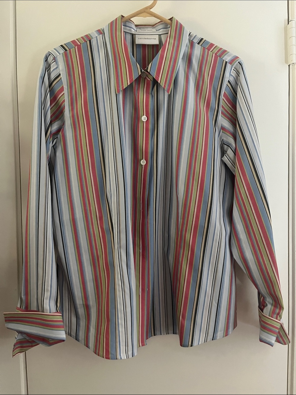 Liz Claiborne Women's Multi-Stripe Button-Down Shirt in Blue, Red, Green